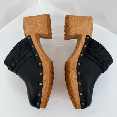 Zueco trenzado de cuero negro Kork-Ease Tilly zapatos de plataforma de madera talla 7 Foto 1 de 4