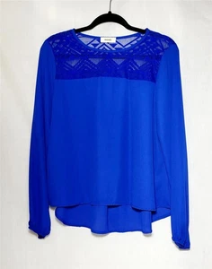 MERAKI L Blue Blouse Geometric Bodice Long Sleeve Long Back Hem - Picture 1 of 5