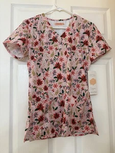 eliteMed Christmas Poinsettias pink Scrub Top, Small - Picture 1 of 2