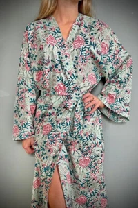Vestido verde floral algodón kimono largo ropa de dormir vestido indio traje de noche kimono AU - Imagen 1 de 5