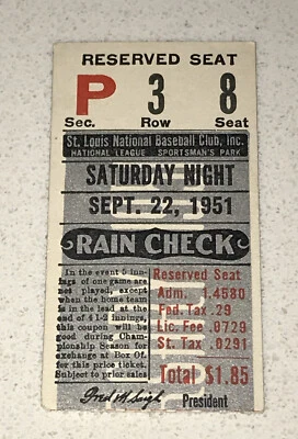 22/09/51 Cubs Cardinals MLB Boleto Stub Rush WP Stan Musial x 4 Hits Jackson HR Foto 1 de 2