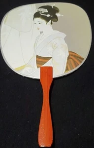 Japanese Uchiwa Hand Fan Sensu Geisha Girl Awa Odori Wood Handle Display Art F4 - Picture 1 of 2