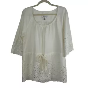 Ryan Michael Top Women Size XL Eyelet Linen Blend Ivory Waist Tie Feminine - Picture 1 of 7