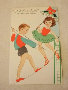 Vtg Tight Rope Acrobat Boy Girl Birthday Greeting Card to Aunt *No Envelope* - Picture 1 of 3