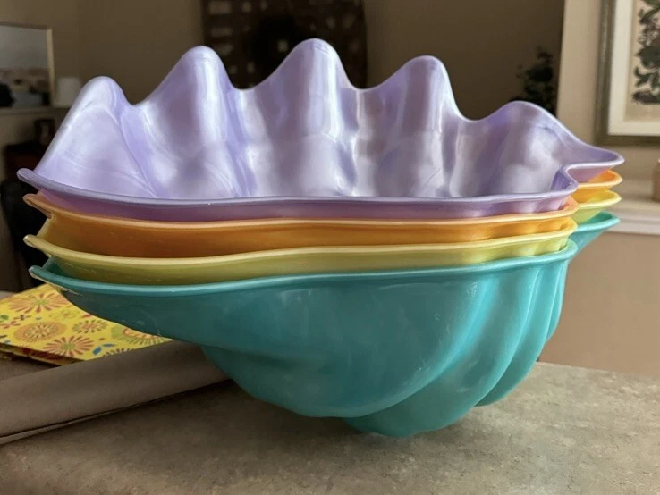 复古 MCM 三聚氰胺贝壳盘盘碗 10 英寸批量 4 紫色橙色黄色绿色 — 第 1/1 张图片