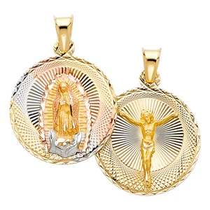 Real 14K Yellow White Rose Gold Jesus Virgin Mary Double Sided Charm Pendant - Picture 1 of 1