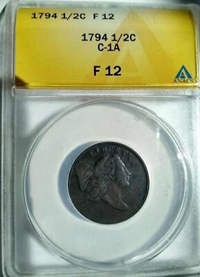1794 half cent 1/2c  Liberty Cap C-1A - Lg Edge Letters BN - ANACS F 12 - Image 1 of 4