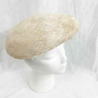 Vintage 60s Cream Faux Fur Velour Tam Hat - Image 1 of 4