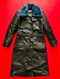 RARE Mongolian Army Officer Leather Overcoat With Removable Collar Size M EU 48 - Picture 1 of 3