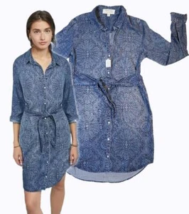 CLOTH & STONE Anthropologie CHAMBRAY PRINT SHIRT DRESS Belted Button Up Mint!  S - Picture 1 of 4