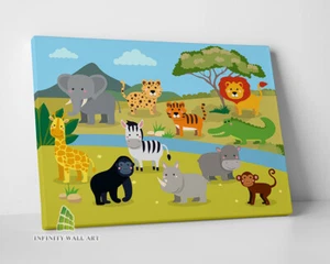 SAFARI JUNGLE ANIMALS Canvas Art Children Kids Nursery Wall Print Picture -C765 - Picture 1 of 2