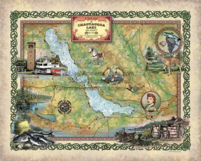 GREAT RIVER ARTS Chautauqua Lake Map Art Print Poster Vintage Wall Art Decor For Home Decor Gift