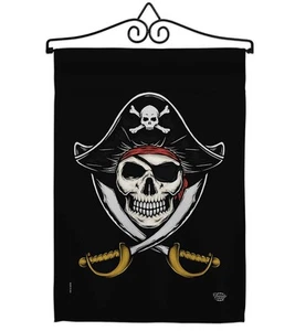 Garden Flag Set Wall Hanger Coastal Pirate Ship Skull Treasure Map Carribean ... - Picture 1 of 9