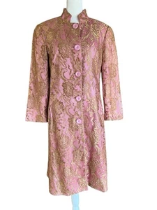 TRINA TURK Gold Floral Lace Over Pink Button-Up Long Jacket Mandarin Collar Sz 8 - Picture 1 of 13