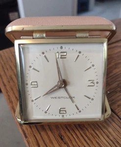 Westclox Vintage Travel Alarm Clock Wind Up Folding Tan Made Japan Tested Works - Picture 1 of 23
