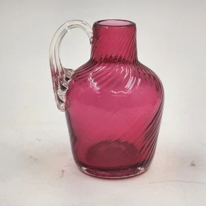 Pilgrim Cranberry Swirled Glass Vase with Applied Clear Handle 4" Pontil Base - Picture 1 of 9