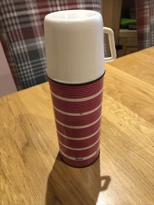 Vintage Small Vacco Flask - Pink And Cream Stripes Design - Image 1 of 4