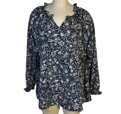 Ingrid & Isabel Navy Blue Floral Side Tie Maternity Blouse Ruffle Neck Size L - Image 1 of 4