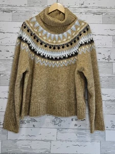 H &M Turtle Neck Sweater Fair isle Ski Oversize Beige Neutral Womens Large - Picture 1 of 7