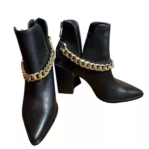 Steve Madden Stivaletti Tranquilli Pelle Nero Oro Catena Accento Donna Tg 6 M - Foto 1 di 11
