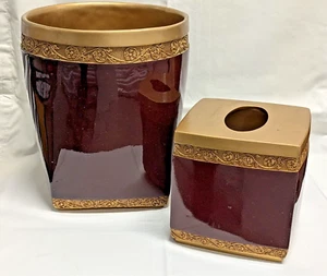 Croscill Merlot and Gold Banded Elegant Waste Basket and Tissue Box - Picture 1 of 3