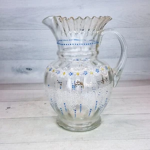Vintage Clear Glass Pitcher Crimped Ruffled Rim Hand Painted Flowers Dots  Vase - Picture 1 of 12