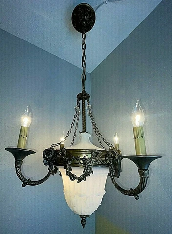 Gorgeous 1920-30s 6 Light brass and Alabaster Chandelier Cover