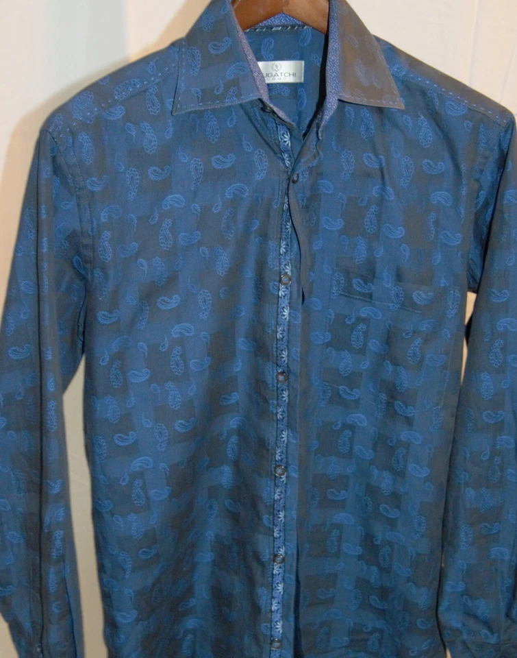 Bugatchi - 蓝色佩斯利优雅男式合身正装衬衫  — 第 1/4 张图片