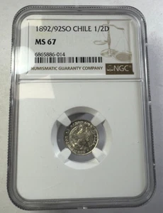1892/92 SO Chile Silver 1/2 Decimo, KM# 137.3, NGC MS 67 Stunning TOP POP FINEST - Picture 1 of 4