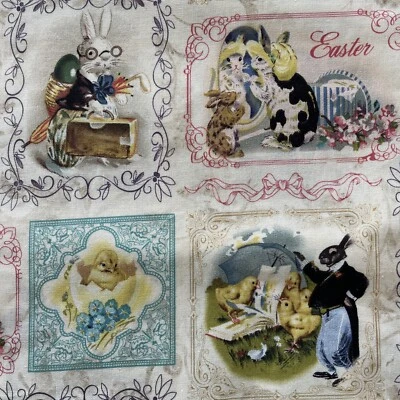 "Easter Tale" Kate Ward Thacker Bunny Chicks Antique Card Cotton Fabric 30" x44" - Image 1 of 4