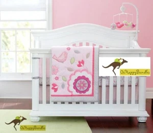 New Baby Girls 3 Pieces Happy Bird Cotton Nursery Crib Bedding Cot Set - Picture 1 of 10