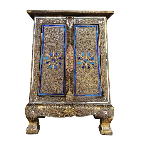 Thai Vintage Wooden Cabinet Flower Handmade Make Old Gold Color 50 cm. Express Cover