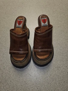 Vintage 90s London Underground Chunky Wood Platform Clog Mules. BRAUNES LEDER. - Bild 1 von 9