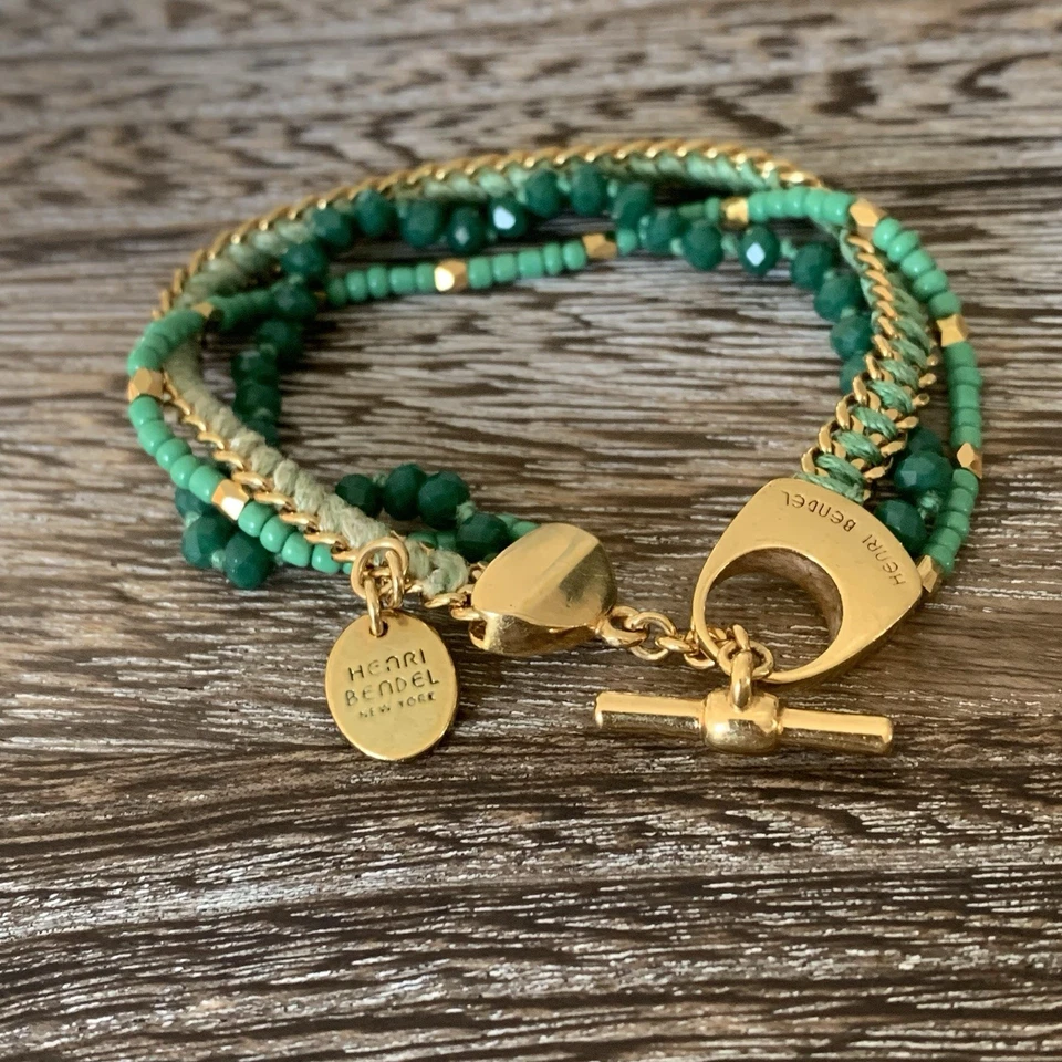 Pulsera Henri Bendel Multihilo Palanca Dorada Facetada Cuentas Verdes Dije Firmado Foto 1 de 4