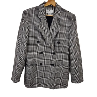 Blazer Saks Fifth Avenue para mujer 14 negro blanco a cuadros lana chaqueta de doble botonadura Foto 1 de 4