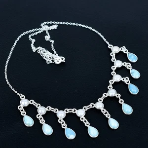 Collana con ciondolo in argento sterling 925 massiccio con pietra preziosa pera Larimar da donna - Foto 1 di 4