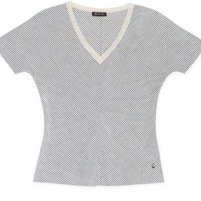 Blusa Loro Piana Itália 100% seda gola V manga curta listra cinza creme com pequena em excelente estado usado - Imagem 1 de 4