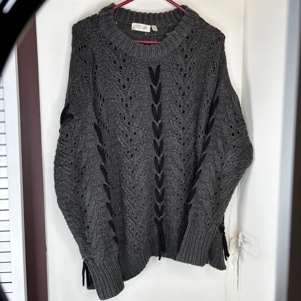 Женщин RD стиль серый крючком на шнуровке стороне рукав большого размера вязаный свитер S/P/P - Изображение 1 из 4