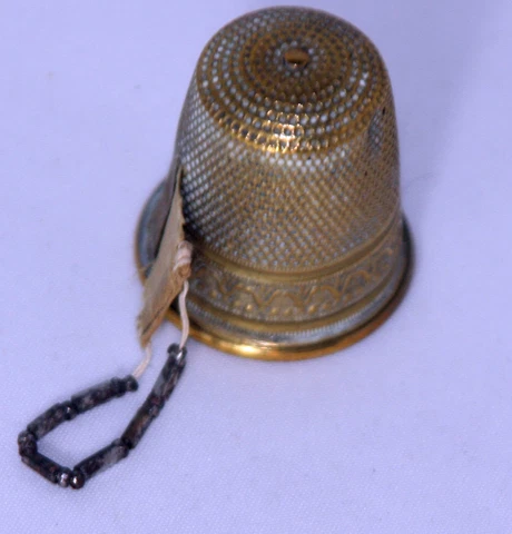 ANTIQUEc 1870's~~THIMBLE style TAPE MEASURE ~~ FIGURAL,METAL,with BEADED PULL Cover
