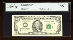 DBR 1990 $100 FRN Cleveland Fr. 2173-D Legacy 55 Serial D00744539A - Picture 1 of 2