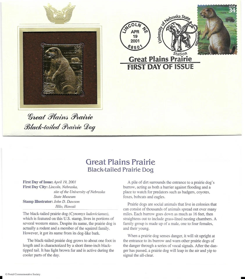 Great Plains Prairie-Black-tailed Prairie Dog--1st day issue-Golden Replica - Image 1 of 1