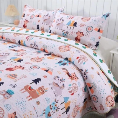 Juego de edredón reversible de animales del bosque de dibujos animados multicolor de 3 piezas, completo/reina Foto 1 de 4