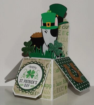 St. Patrick's Day, Bull terrier, Handmade Box Pop up greeting card, white - Image 1 of 4