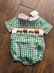 NWT smocked flamingo Pumpkin Embroidery One Piece Size 12M Green White Plaid - Picture 1 of 8