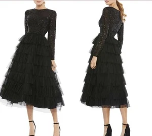 Mac Duggal Size 14 Black 26299 Sequin Long Sleeve Ruffle Tiered Midi Dress $498 - Picture 1 of 11