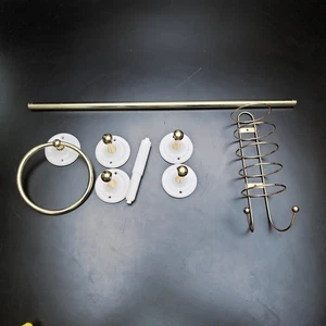 Brass Porcelain Bathroom Hardware Vintage Gold Towel Bar Ring Hooks Rack - Picture 1 of 6