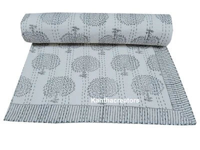 Tree Of Life Cotton Kantha Quilt Vintage Bedspread Indian Handmade Blanket Throw - Image 1 of 4