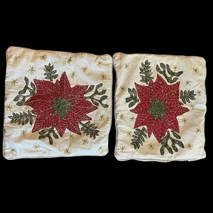 2 Beaded Poinsettia Christmas Decorative Pillow Covers Pieced - Picture 1 of 6
