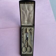 Antique French Sewing Kit Gold? Gold Tone 4 Pieces And Original Enamel Case.
