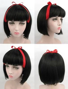 ADULT SHORT STRAIGHT HAIR BOB STYLE COSTUME WIG W/ RED RIBBON SNOW WHITE BLACK - Picture 1 of 6